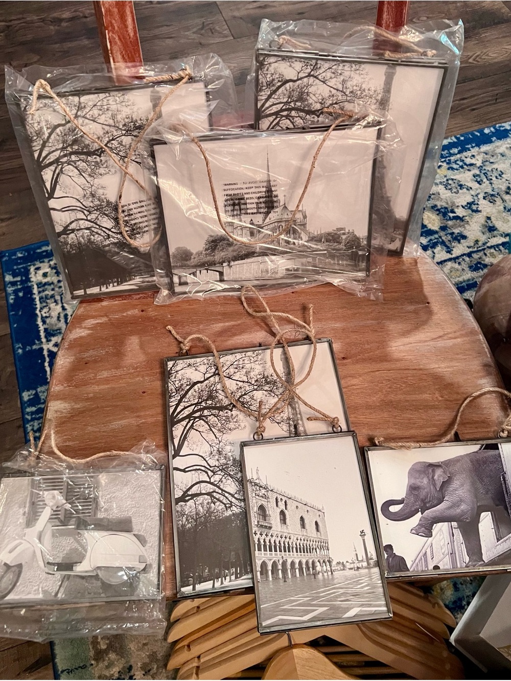 Set of 7 Cost Plus World Market Black & Cream Hanging Photo Frames with Rope